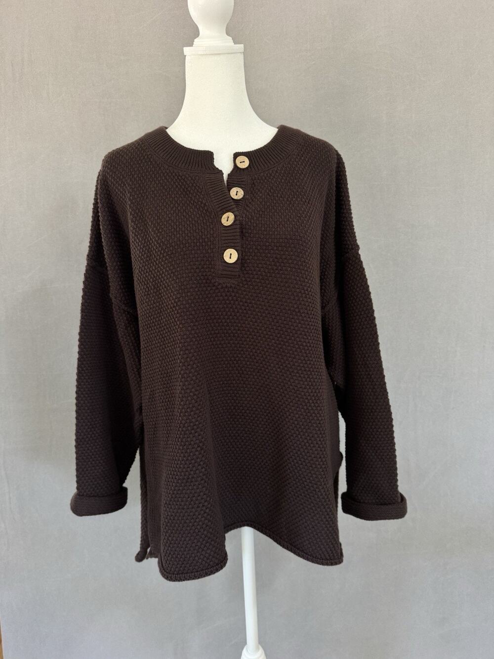 Free People Beach Hailee Waffle Knit Henley Sweater Brown Oversized L NWT